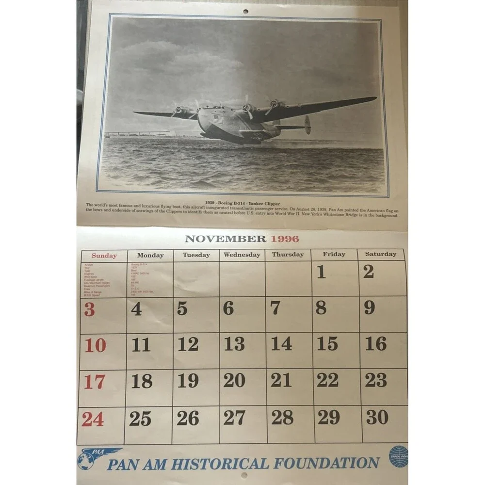 Vintage Pan Am Airlines 1996 Wall Calendar “The Early Years” Historical Map